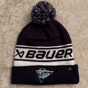 Bauer Team Ribbed Pom Hat Beanie Navy Blue White Hockey Knit Cuffed Winter Cap